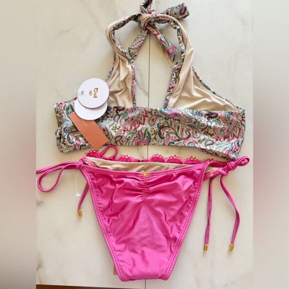 NWT Anthropologie PilyQ Aria Paisley Halter Lace Tie Pink Bikini Set - Picture 2 of 6